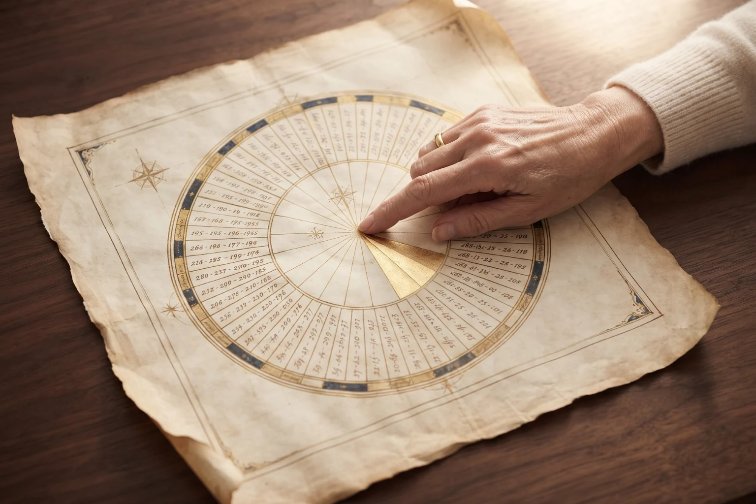 Hand pointing to a date window on the ancient calendar wheel of 72 birth angels