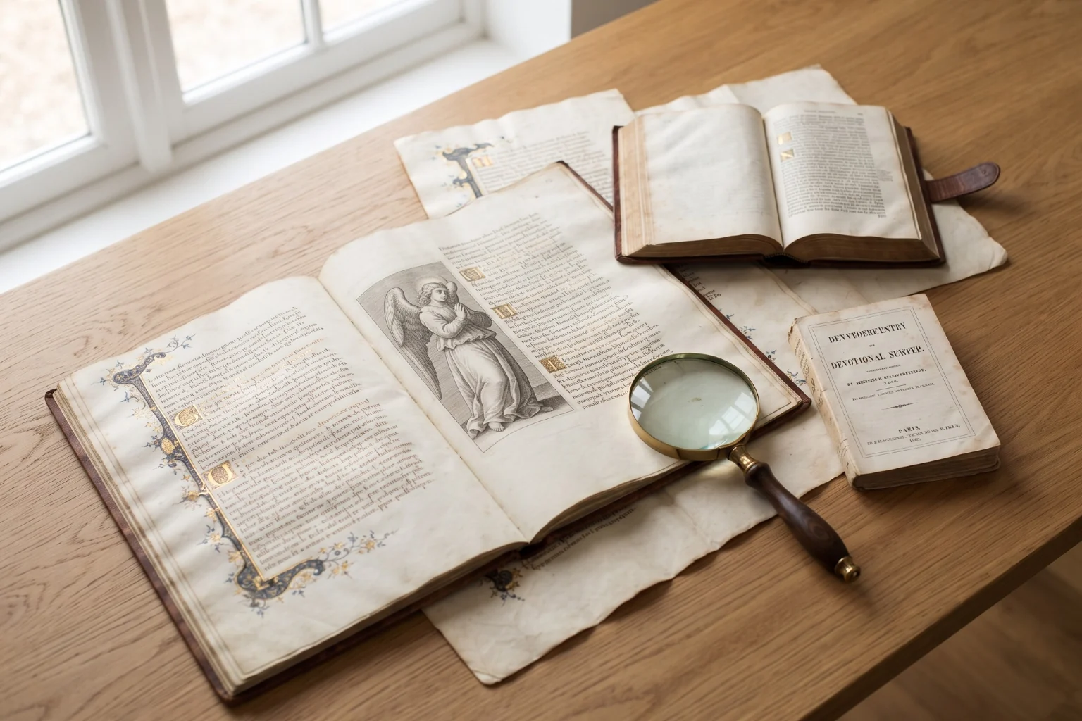 Antique illuminated manuscripts and devotional books recording the birth angel tradition