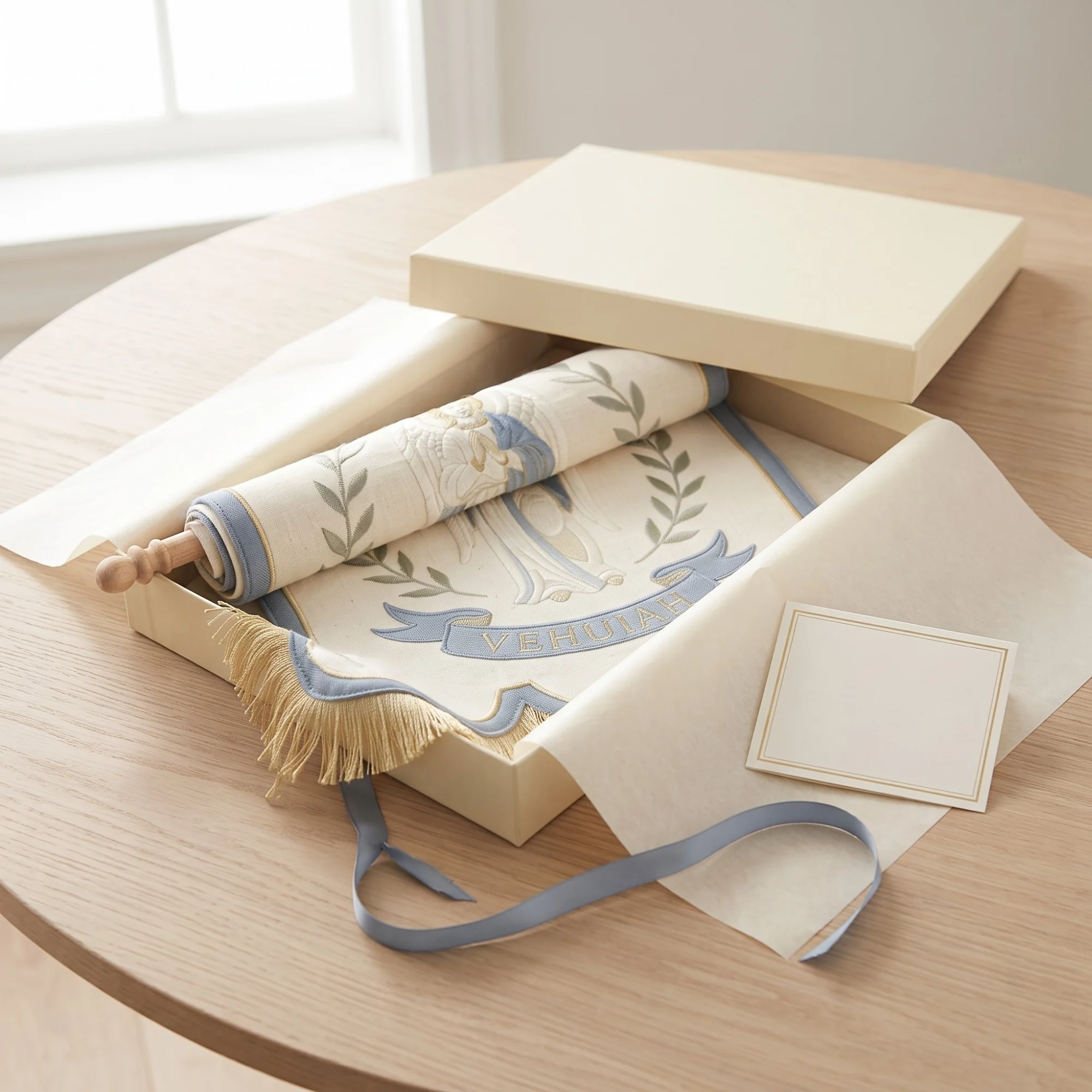 The Birth Angel Hand Embroidered Banner rolled in its cream gift box with tissue paper