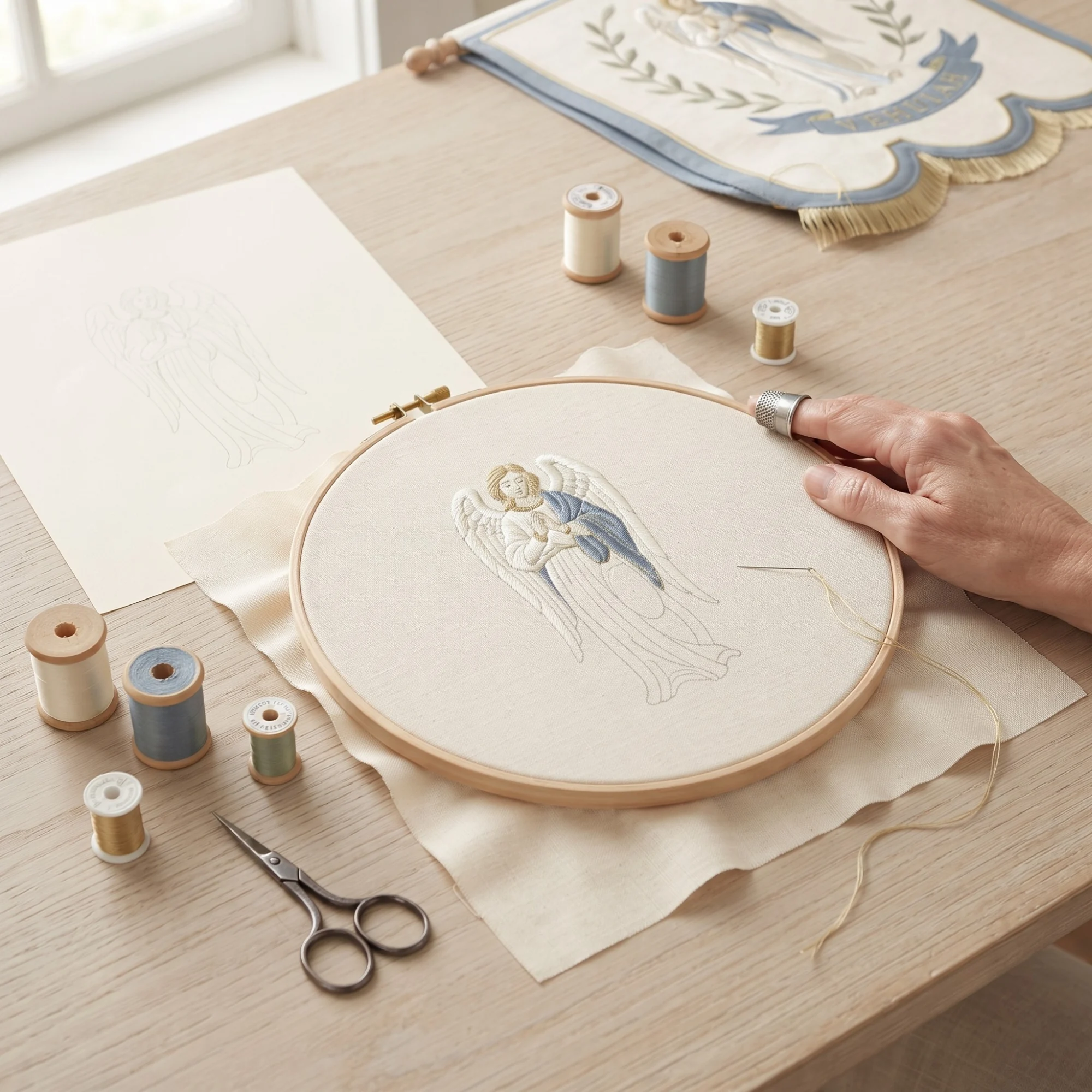 The Birth Angel Banner being hand embroidered on a frame, with silk and gold threads