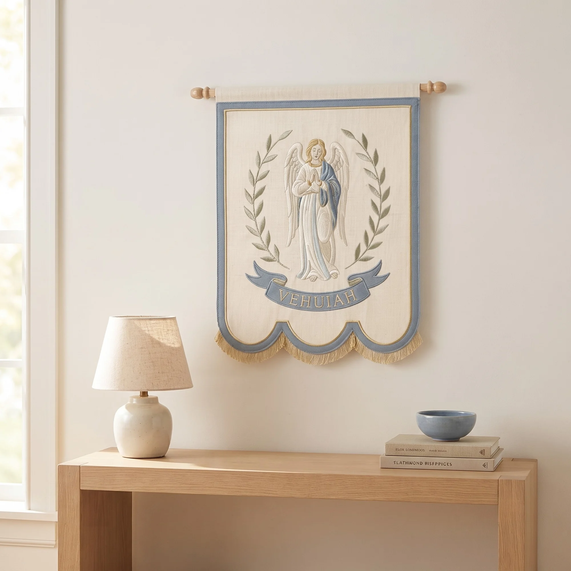 Birth Angel Hand Embroidered Banner hanging on a warm white wall above a pale oak console table