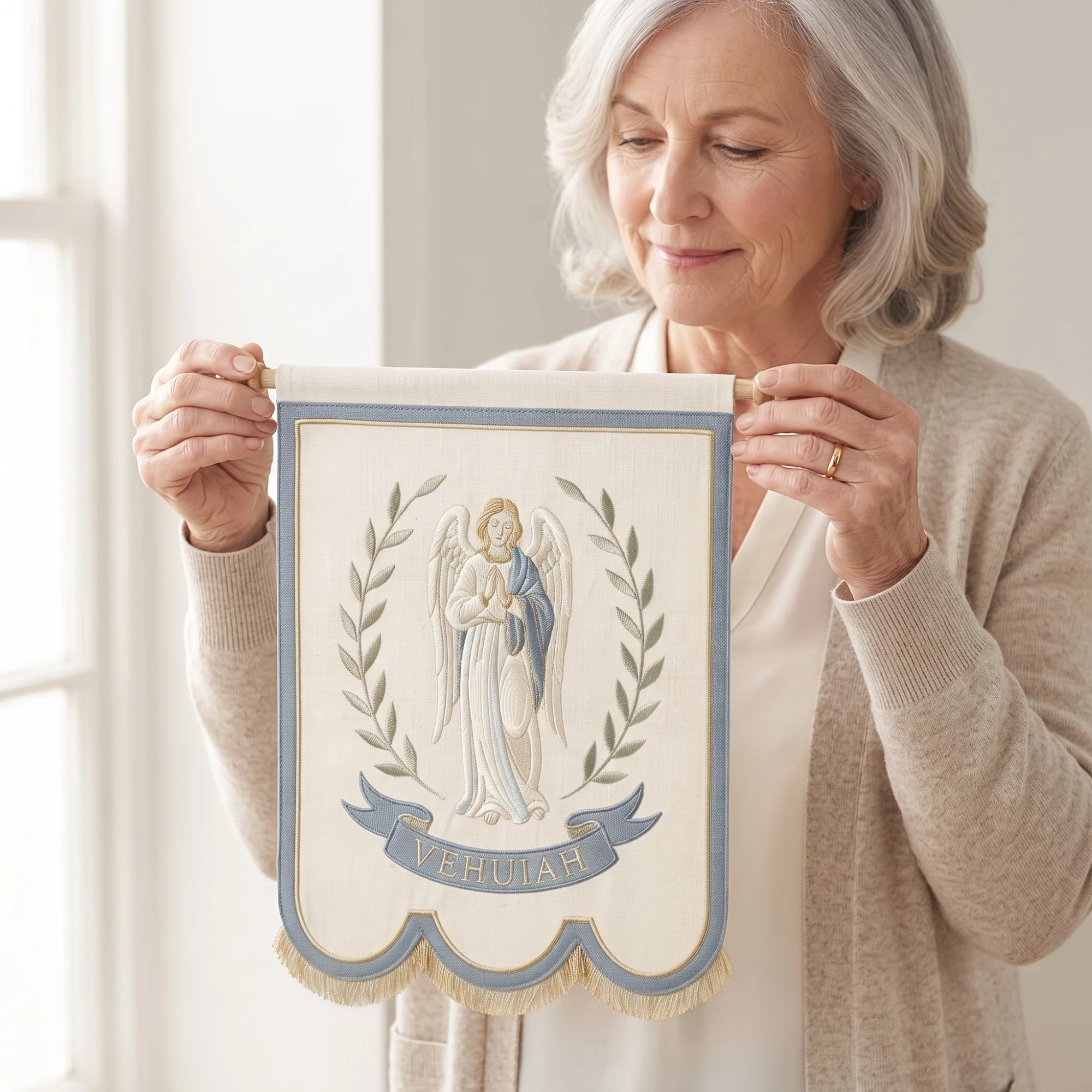 A woman holding the Birth Angel Hand Embroidered Banner by its oak rod, showing its size