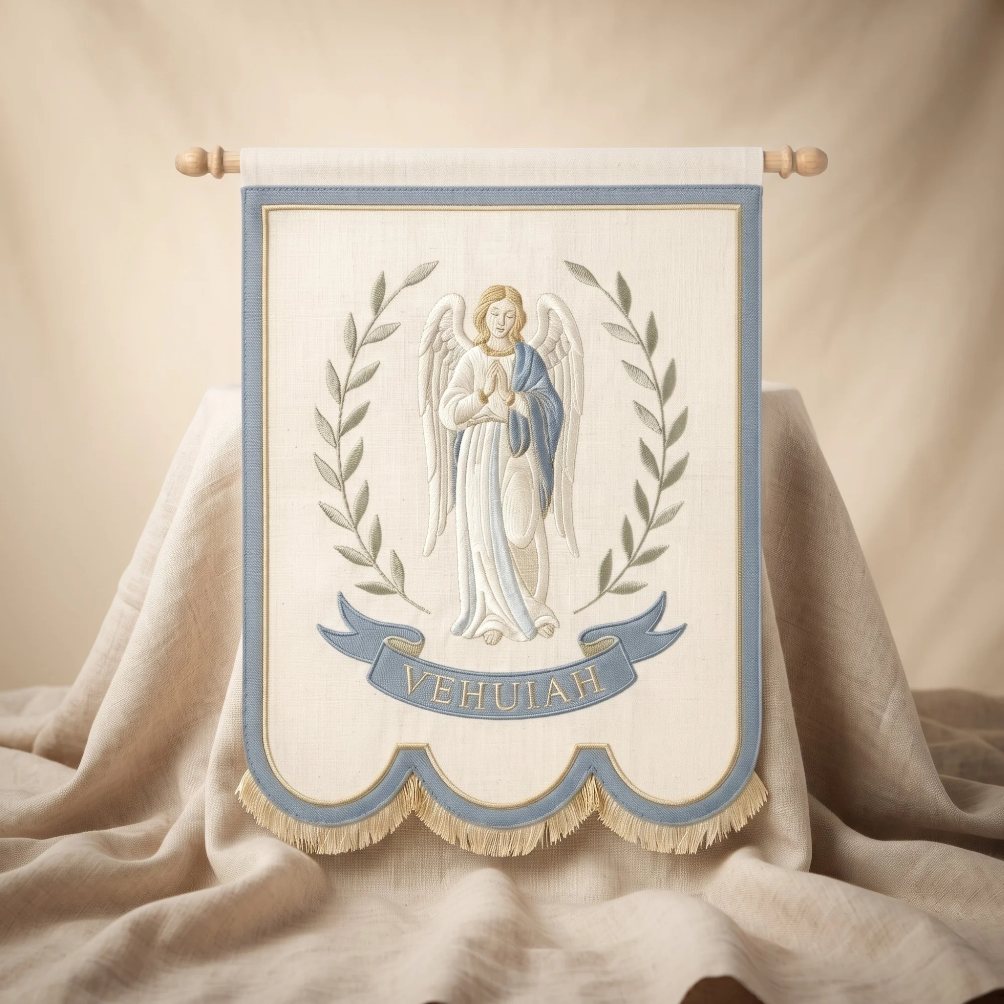 Birth Angel Hand Embroidered Banner displayed over folded oatmeal linen against a cream backdrop