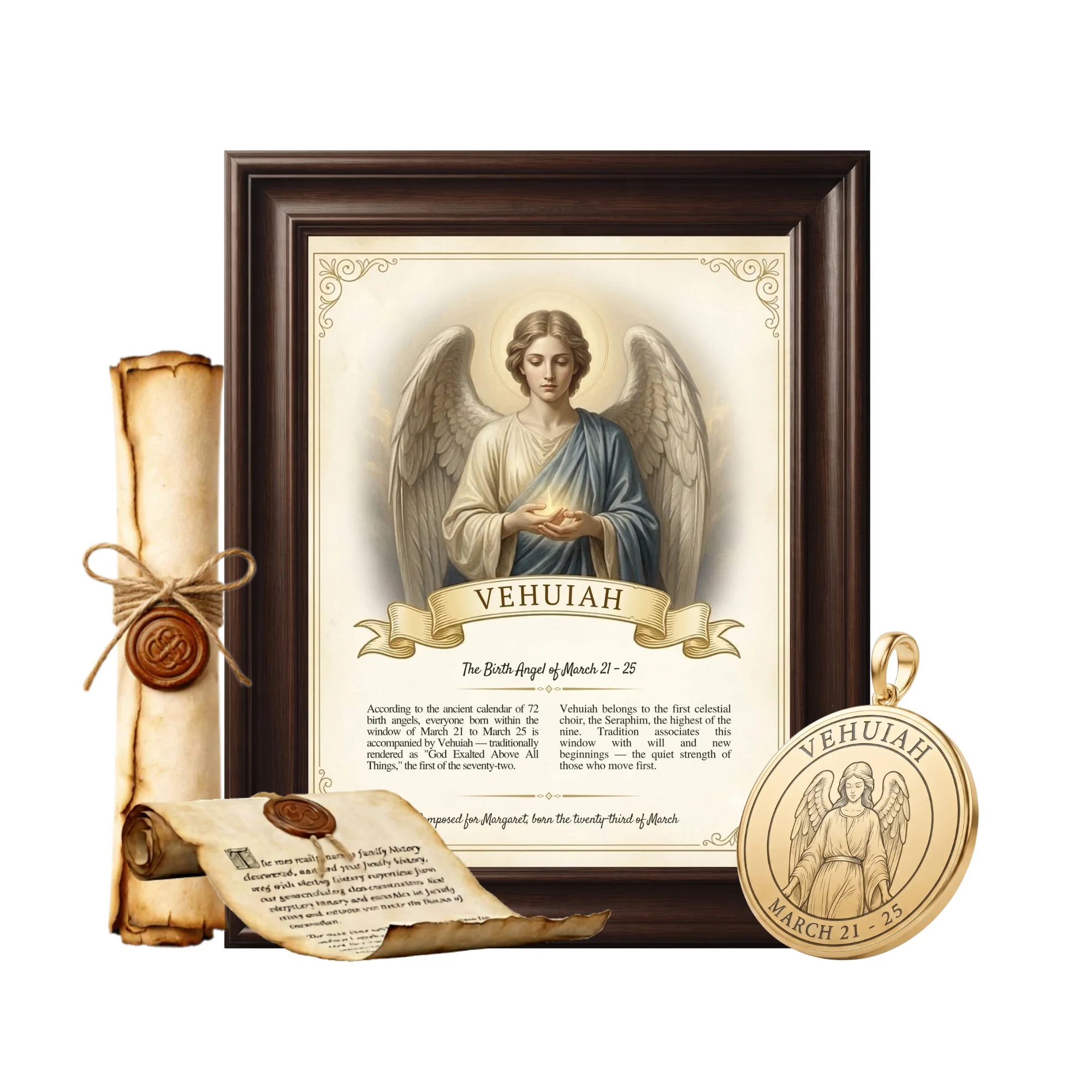 Birth Angel Full Package: the framed Birth Angel Portrait, the scroll and the engraved gold pendant