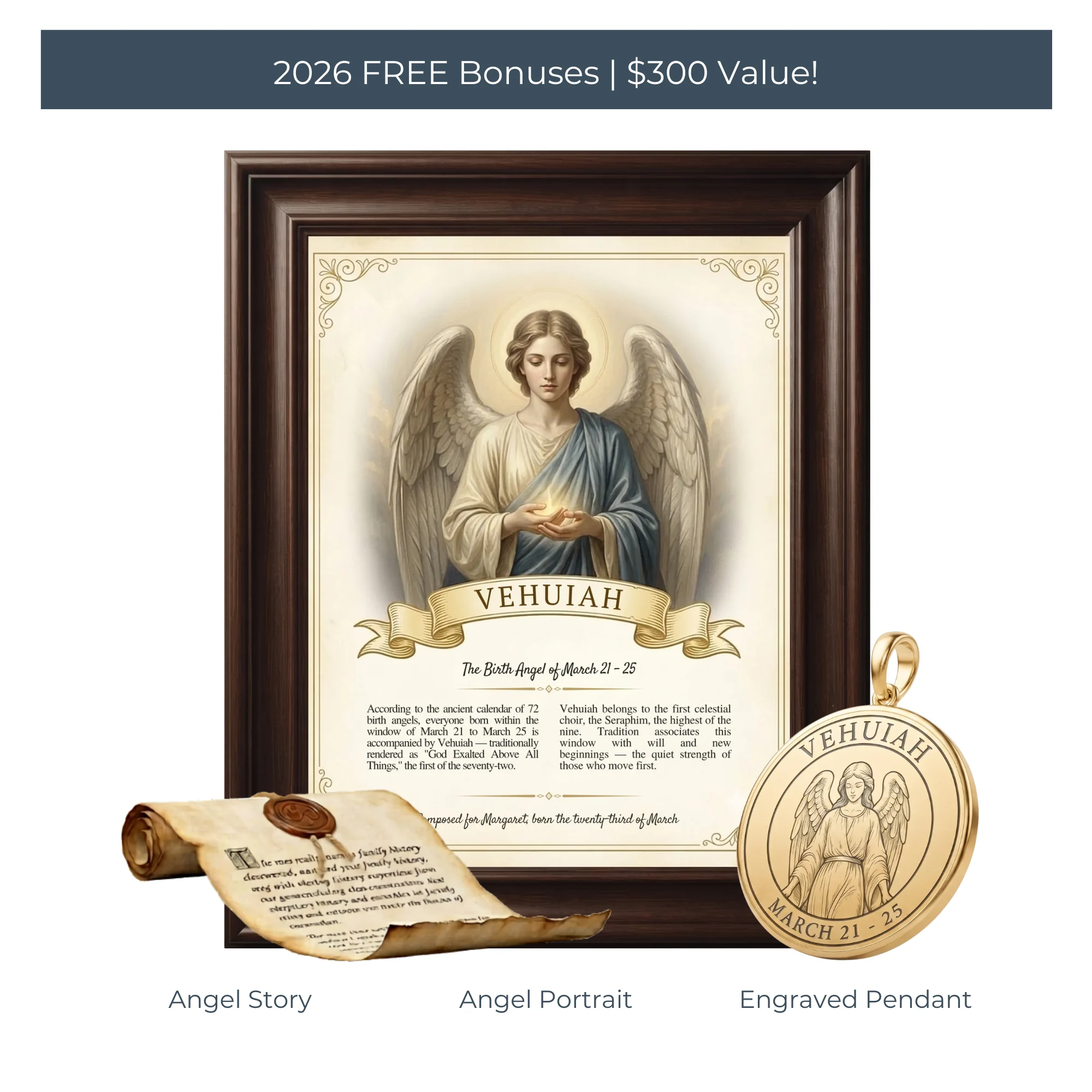 What is included in the Birth Angel Full Package with the gold pendant: Angel Story, Angel Portrait and Engraved Pendant