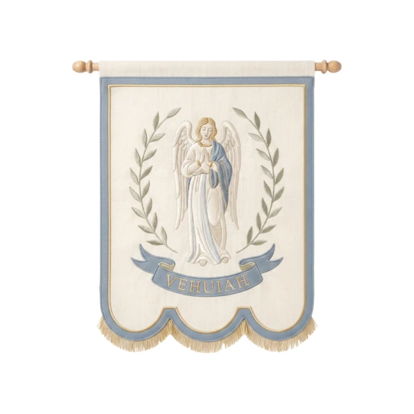 Birth Angel Hand Embroidered Banner in ivory linen, with the angel Vehuiah embroidered in silk and gold thread