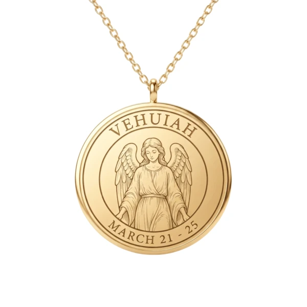 Gold Birth Angel Pendant necklace engraved with the angel name and birth date window