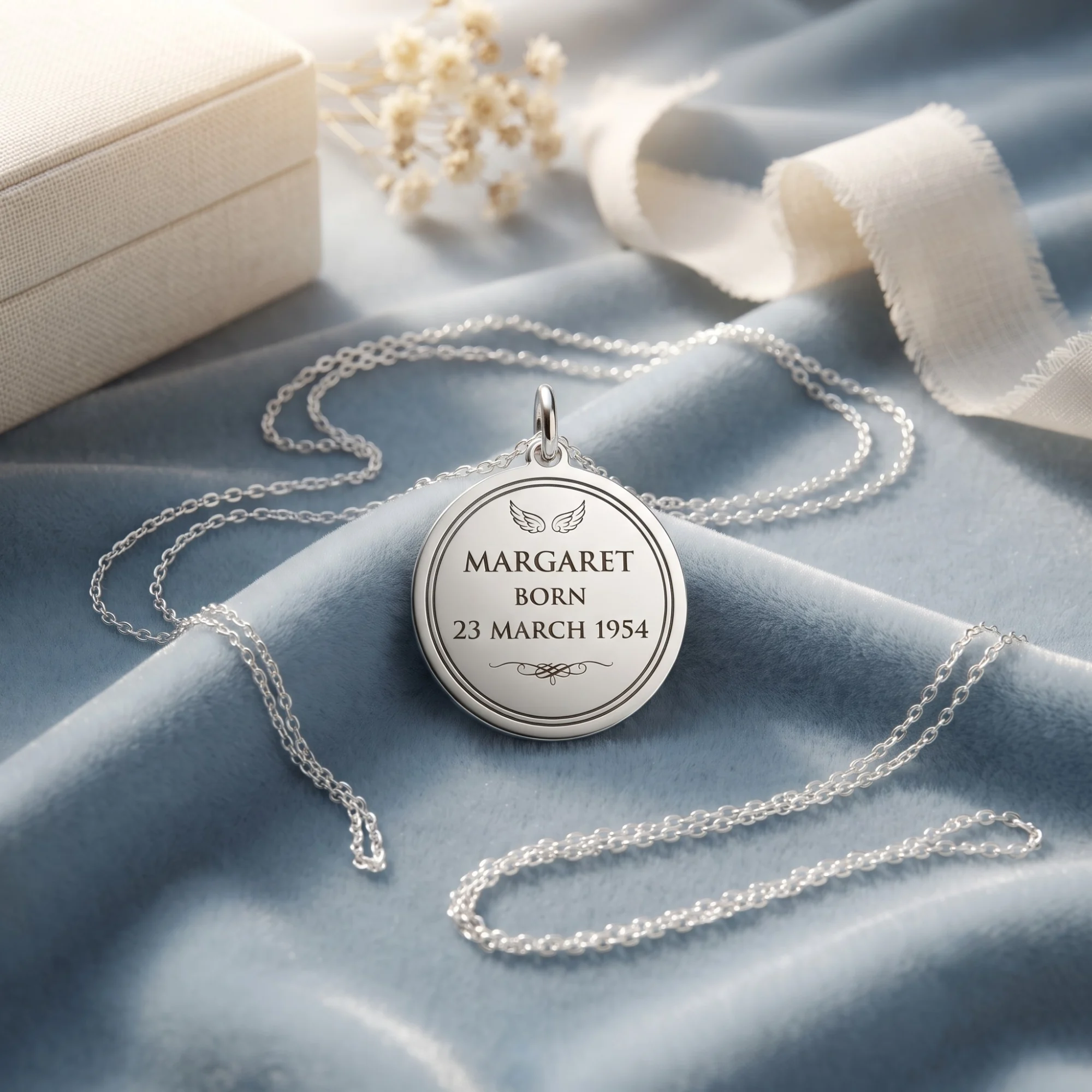 Reverse of the Birth Angel Pendant engraved with a name and date of birth