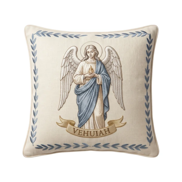 Birth Angel Pillow in cream linen, with the angel Vehuiah embroidered in full colour