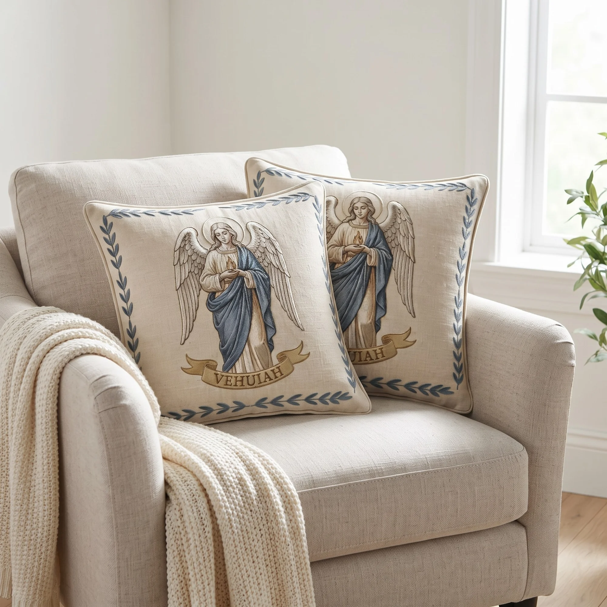 Birth Angel Pillow resting on a linen sofa in a bright room