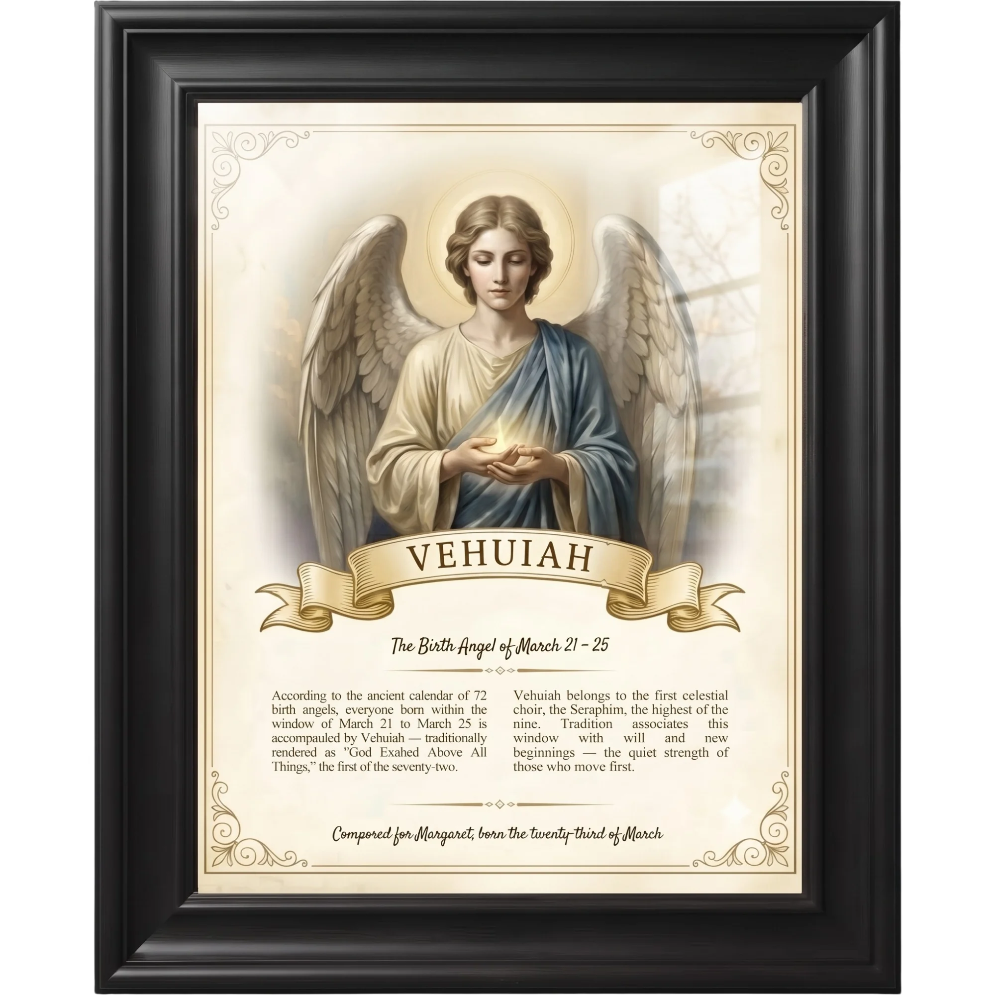 Birth Angel Portrait framed in a matte black frame, behind glass