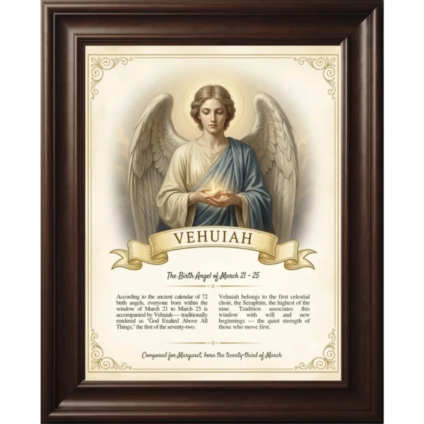 The Birth Angel Portrait of Vehuiah framed in dark wood, shown from the front