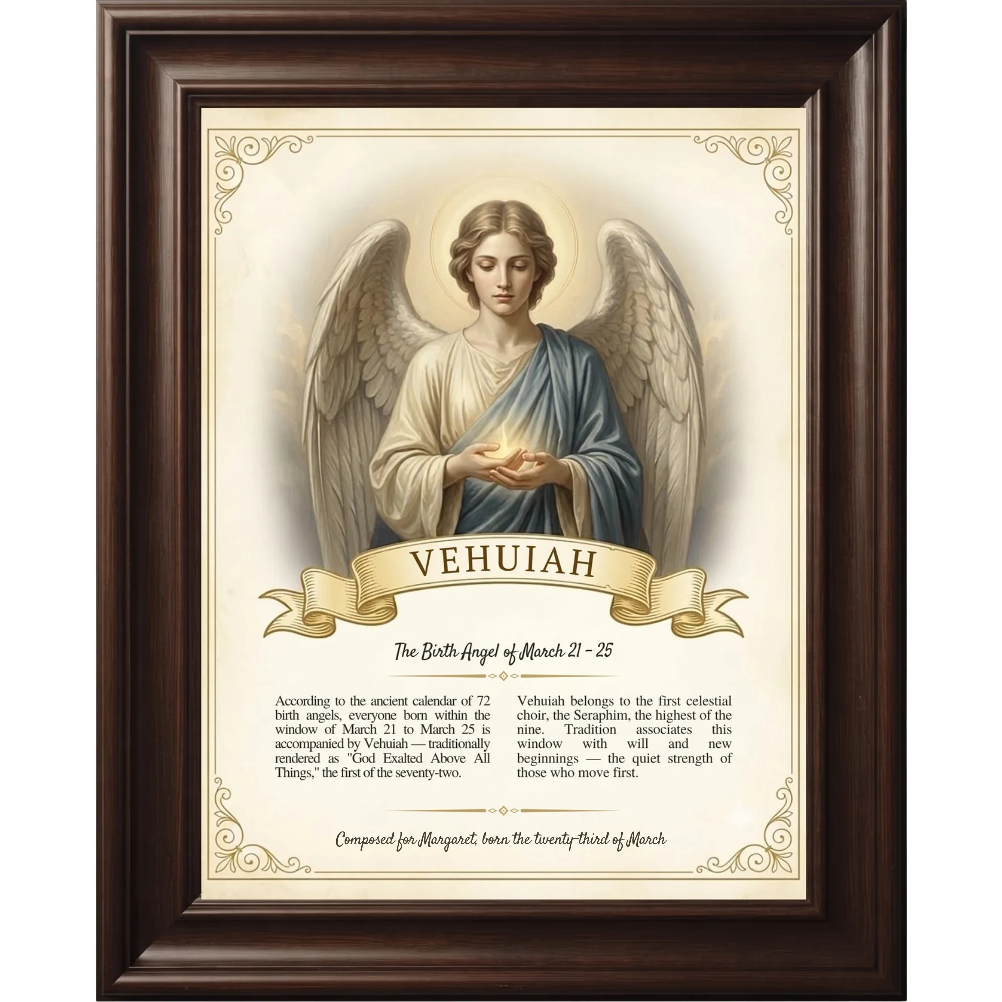 The Birth Angel Portrait of Vehuiah framed in dark wood, shown from the front