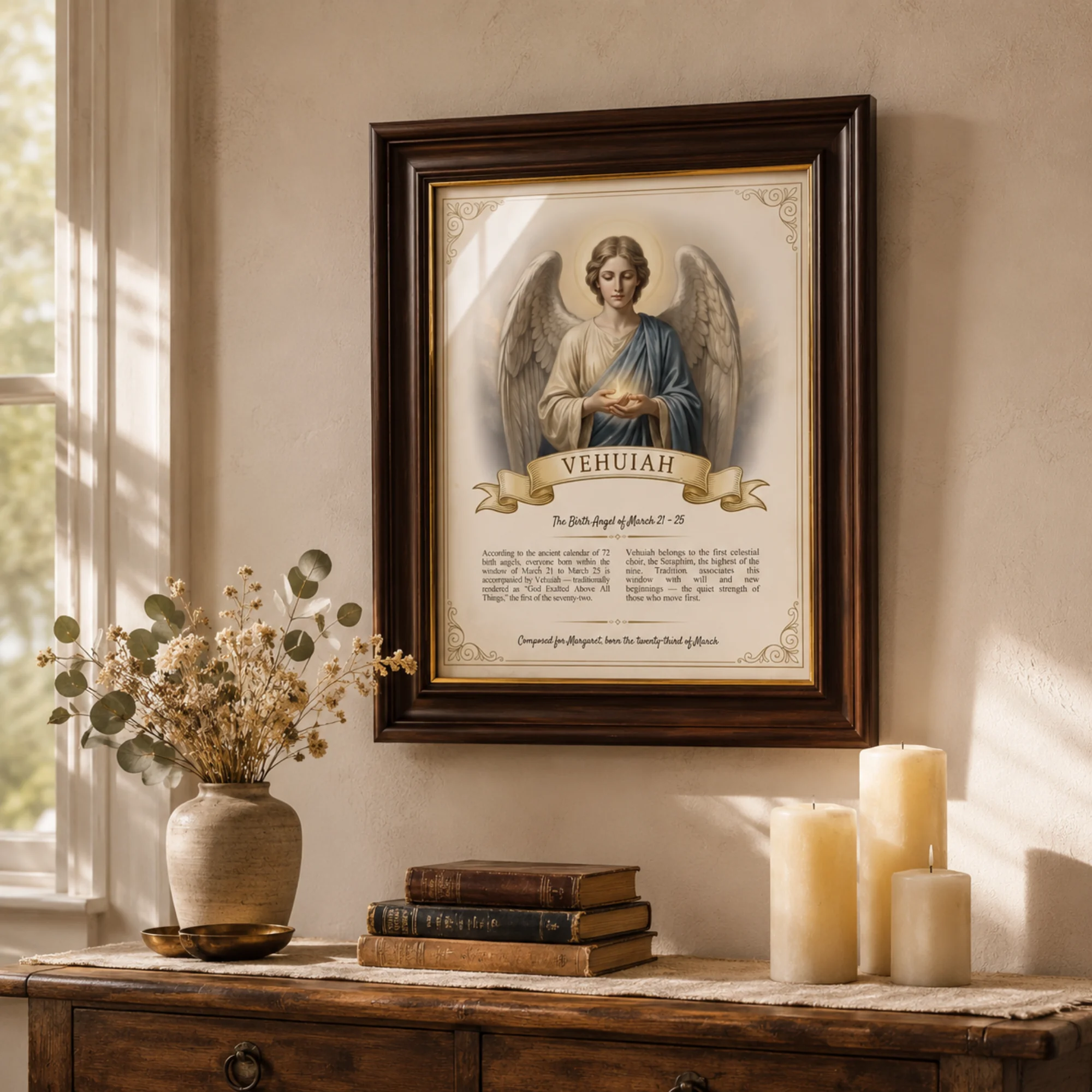 Framed Birth Angel Portrait hanging above a console table with candles and dried flowers