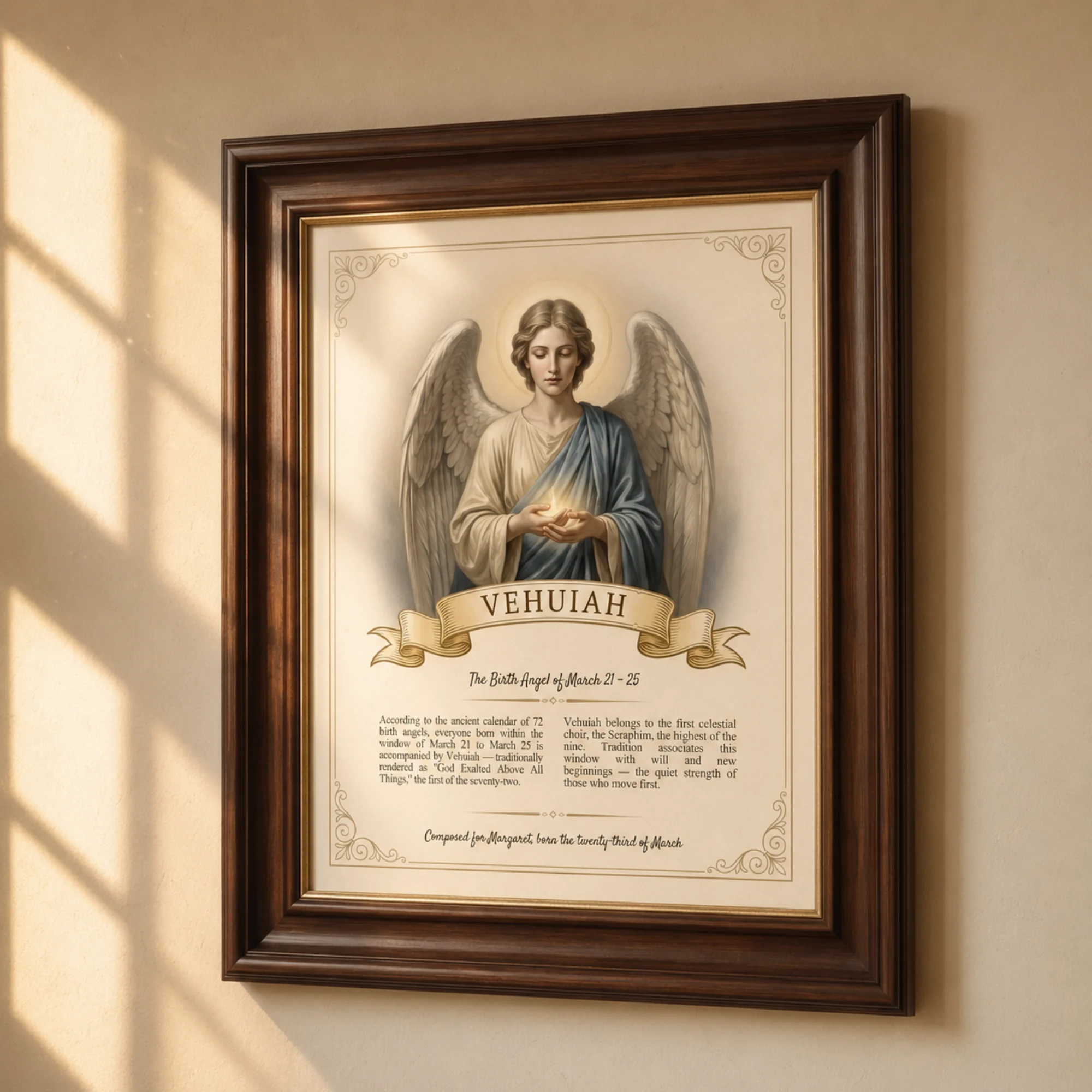 Framed Birth Angel Portrait on a wall, lit by a shaft of warm afternoon sunlight