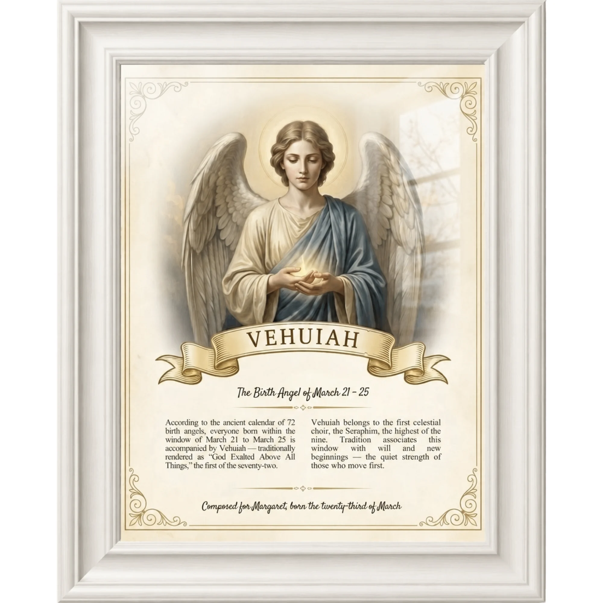 Birth Angel Portrait framed in a matte white frame, behind glass