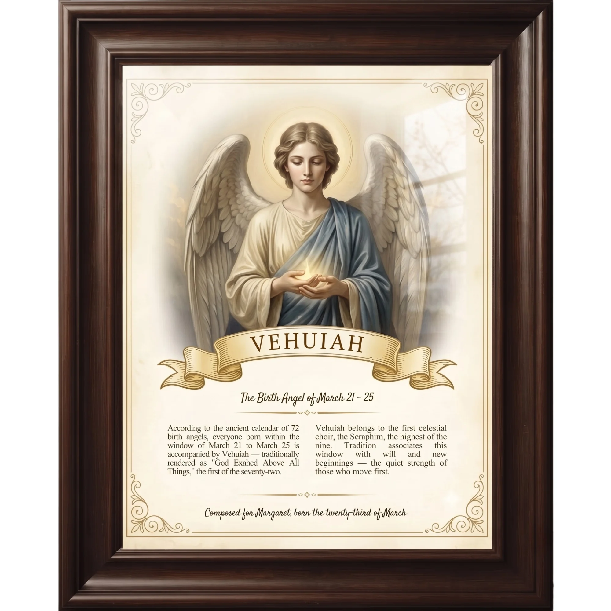 Birth Angel Portrait framed in dark wood, behind glass