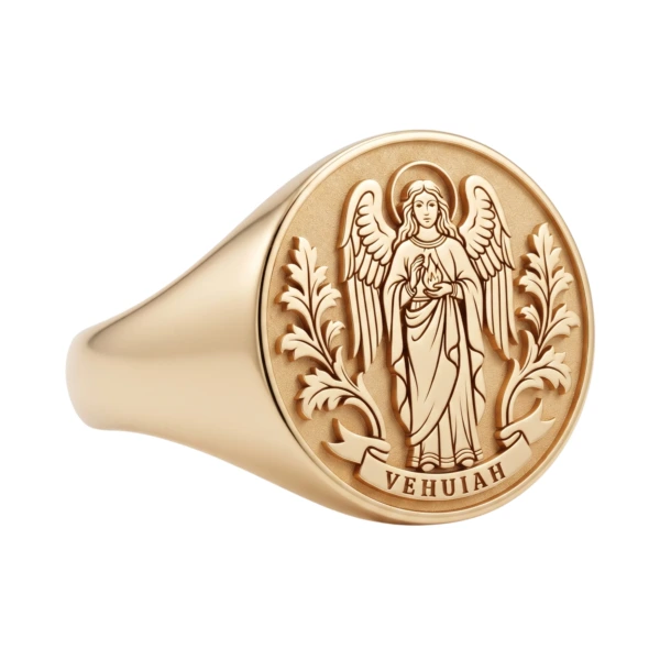 Birth Angel Signet Ring in 18K gold plating, engraved with the angel Vehuiah and its name