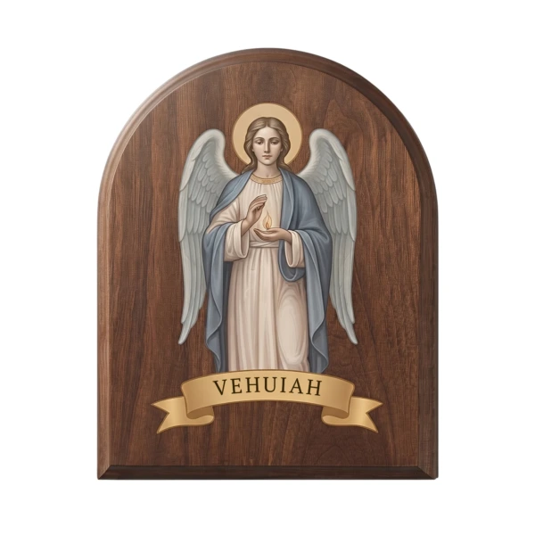 Birth Angel Wood Plaque in walnut, the angel Vehuiah with its name on a gold banner