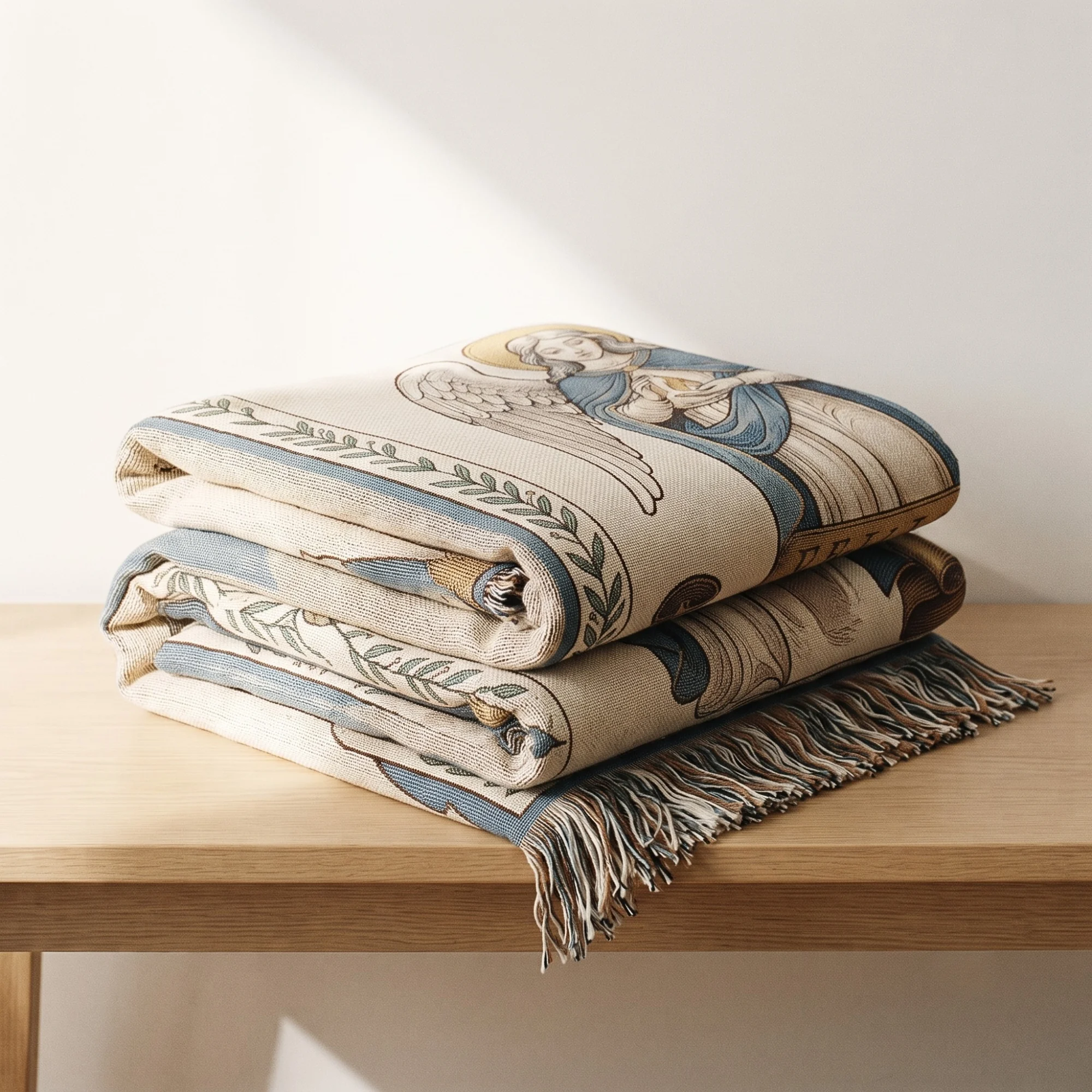 Birth Angel Woven Blanket folded on a pale oak bench, showing its thickness and fringe