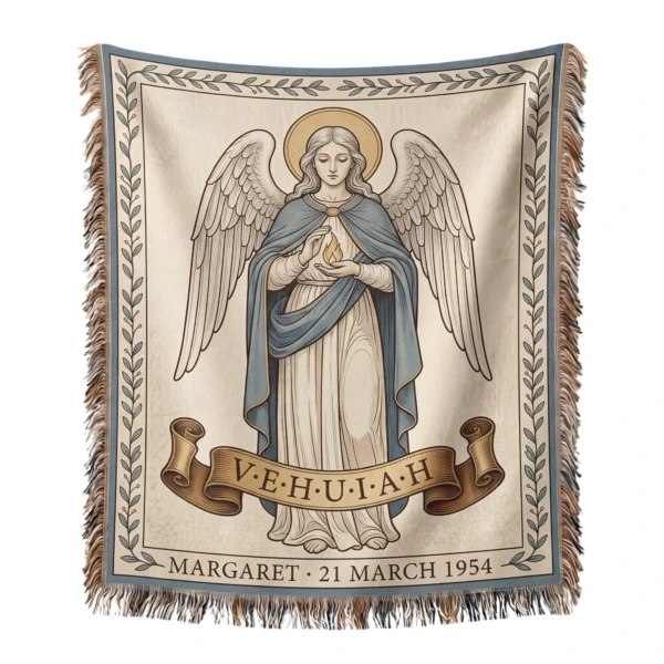 Birth Angel Woven Blanket with the angel Vehuiah woven into the cloth, with the name and birth date along the foot