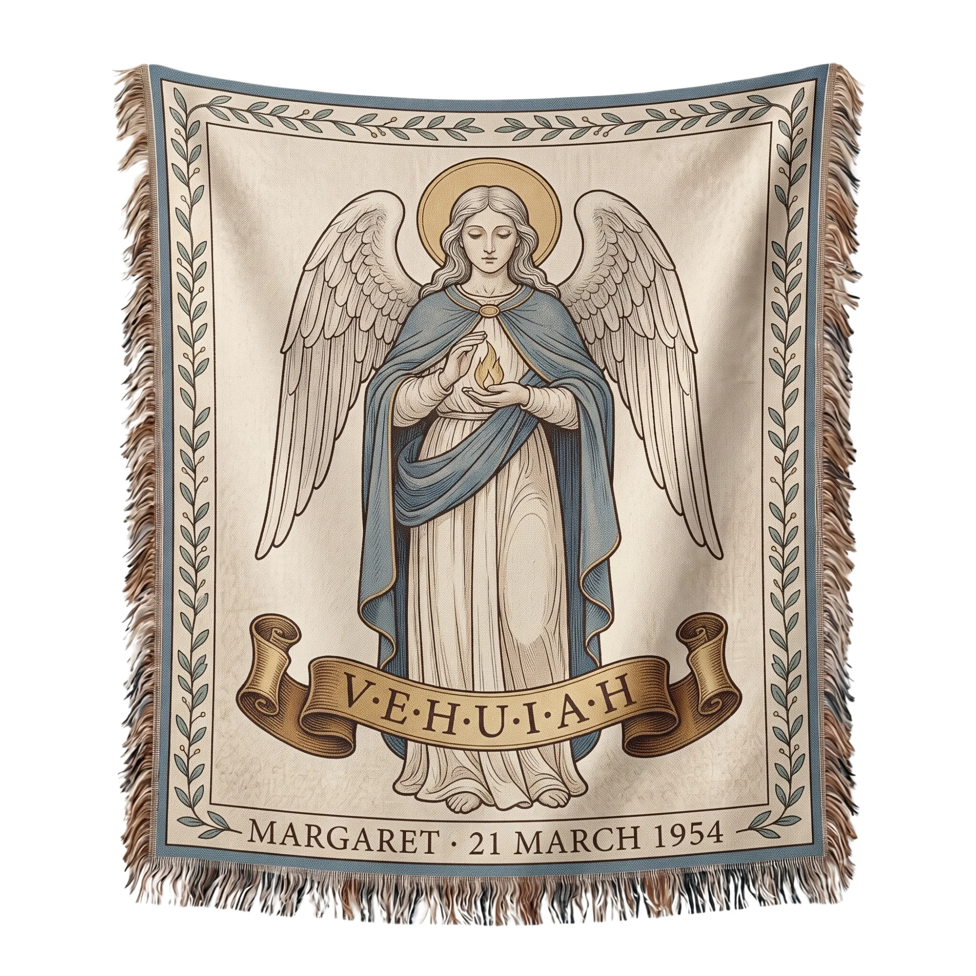 Birth Angel Woven Blanket with the angel Vehuiah woven into the cloth, with the name and birth date along the foot