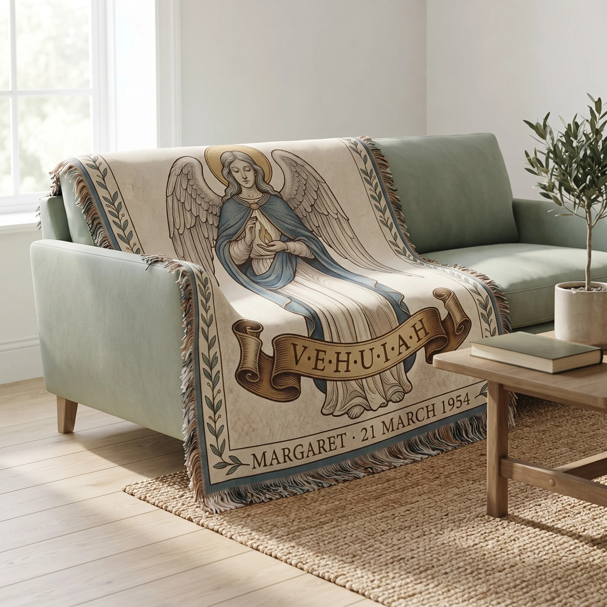 Birth Angel Woven Blanket draped over a chair in a sunlit room