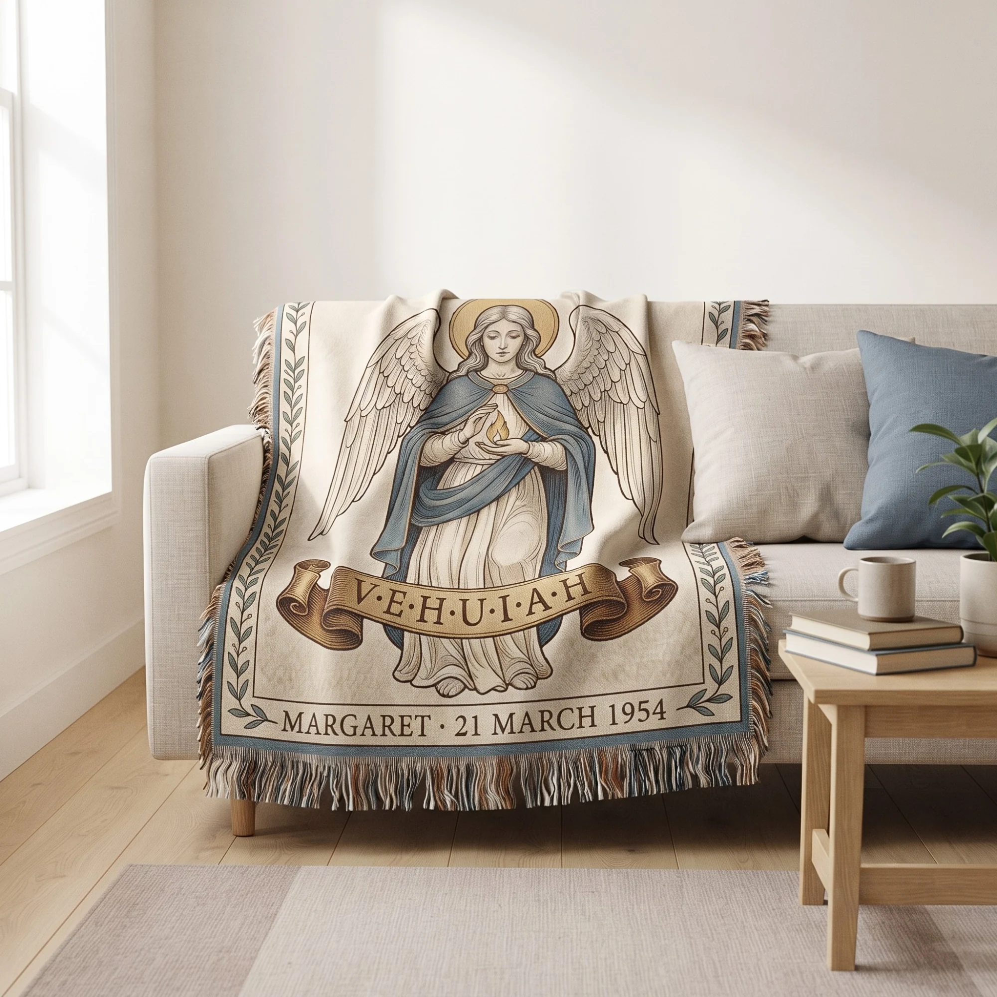 Birth Angel Woven Blanket draped over a linen sofa in a bright living room