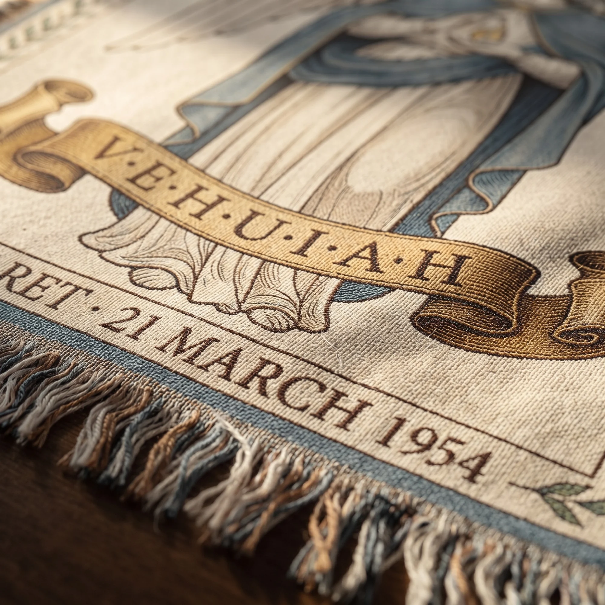 Close detail of the Birth Angel Woven Blanket showing the jacquard weave, the woven banner and the tasselled fringe