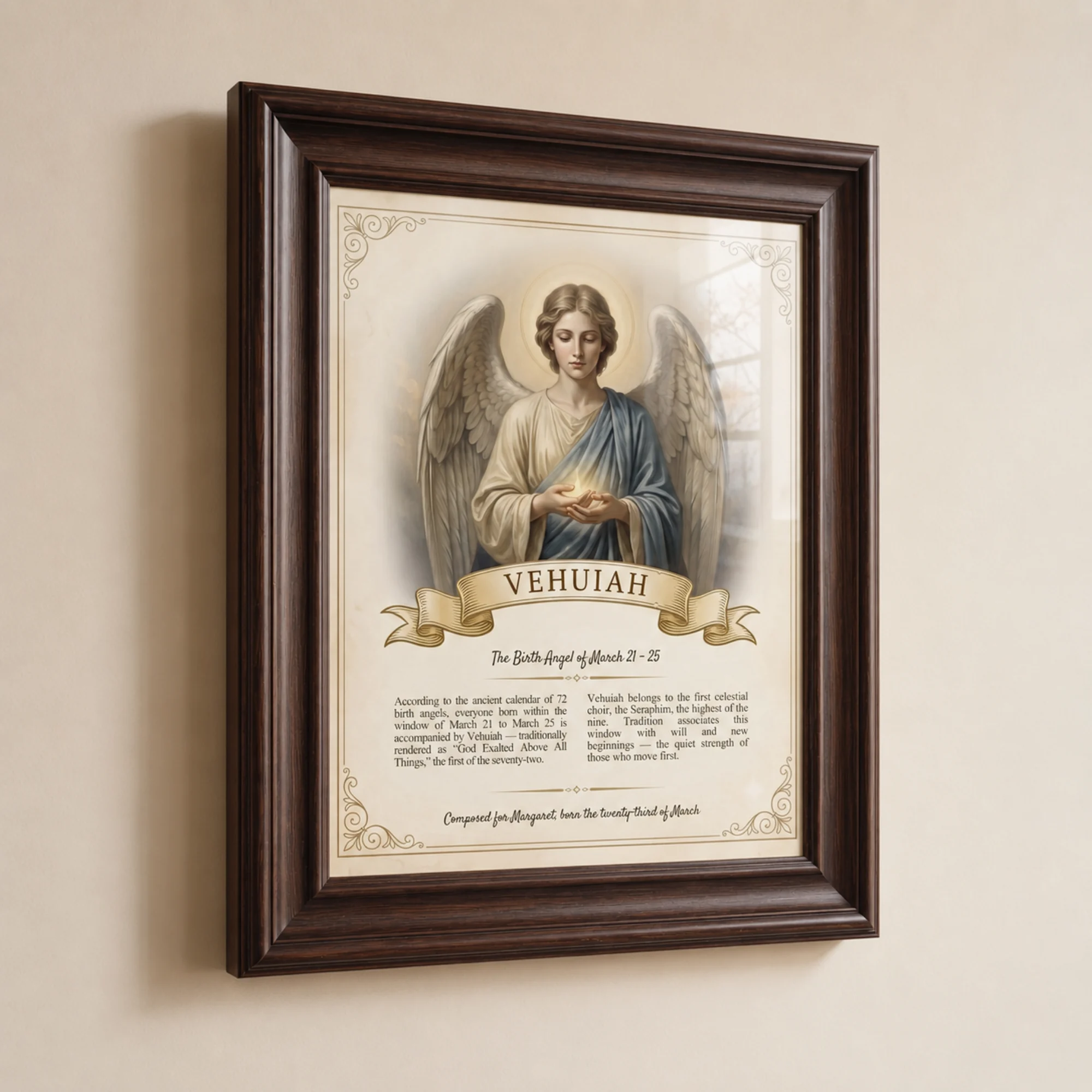 The framed Birth Angel Portrait hanging on a wall at home