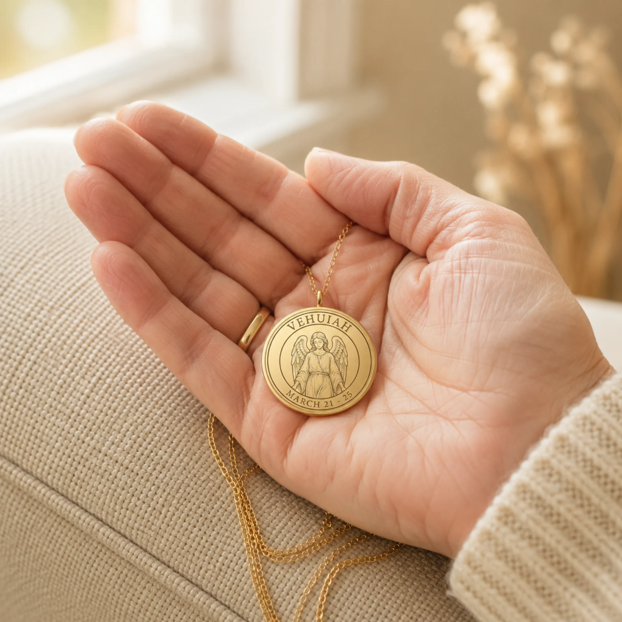 Gold Birth Angel Pendant with its chain resting in an open hand