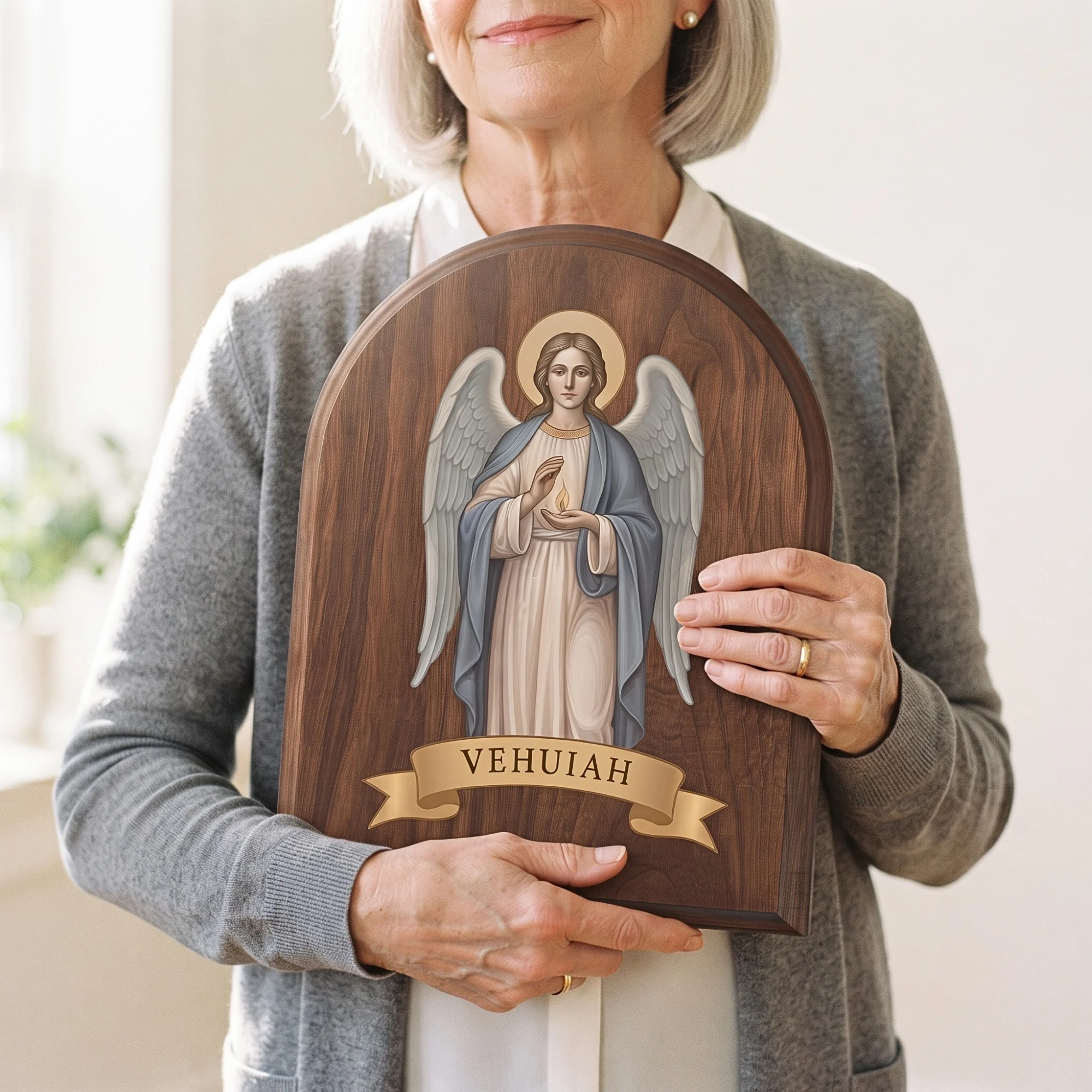 Woman holding the Birth Angel Wood Plaque with both hands, showing its size
