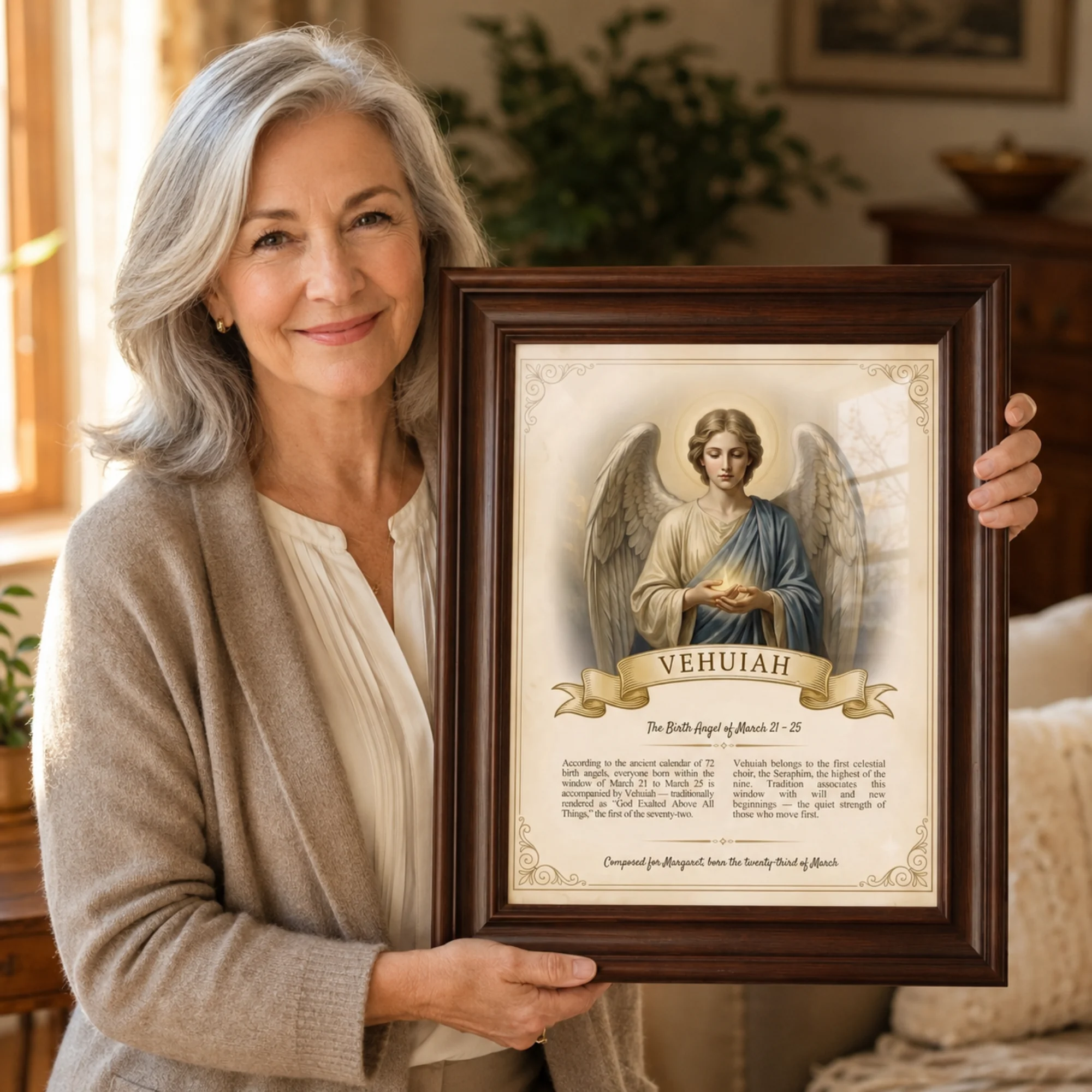 Woman at home holding her framed Birth Angel Portrait print
