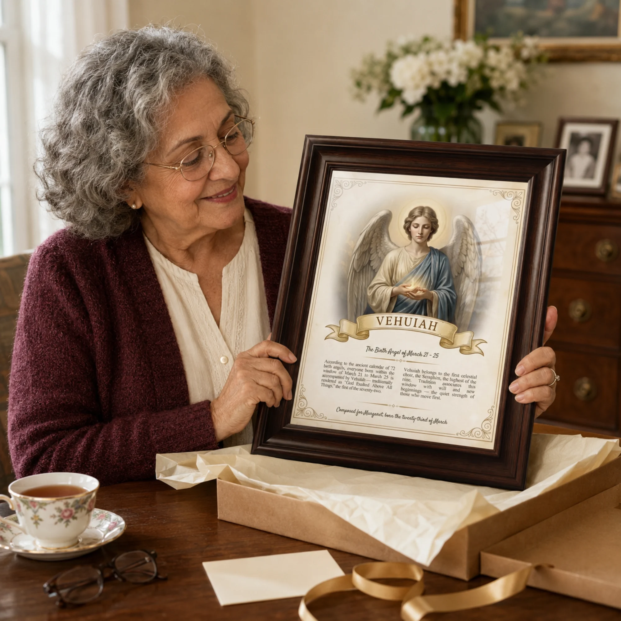Woman unwrapping a framed Birth Angel Portrait received as a gift