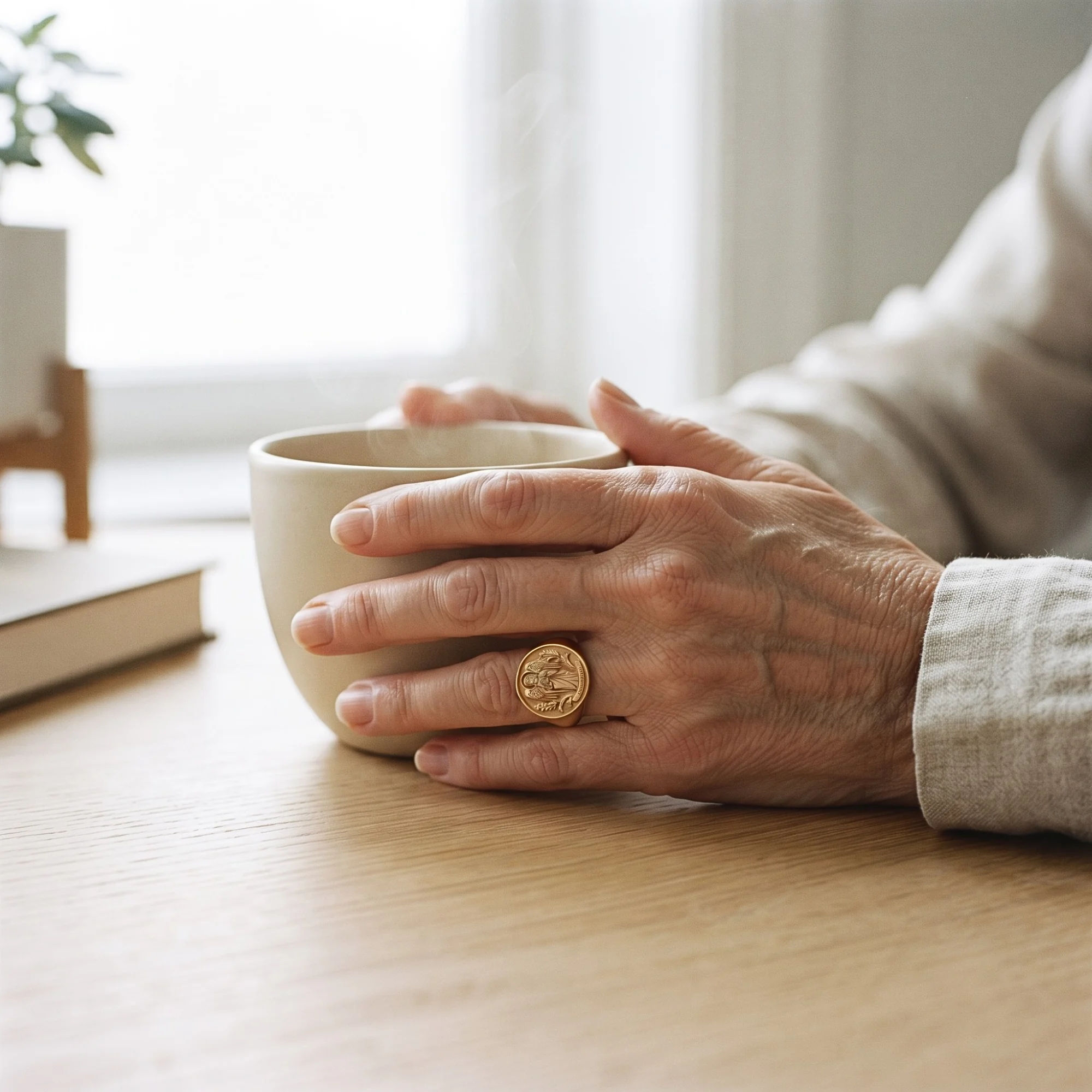 Woman wearing the Birth Angel Signet Ring on her hand