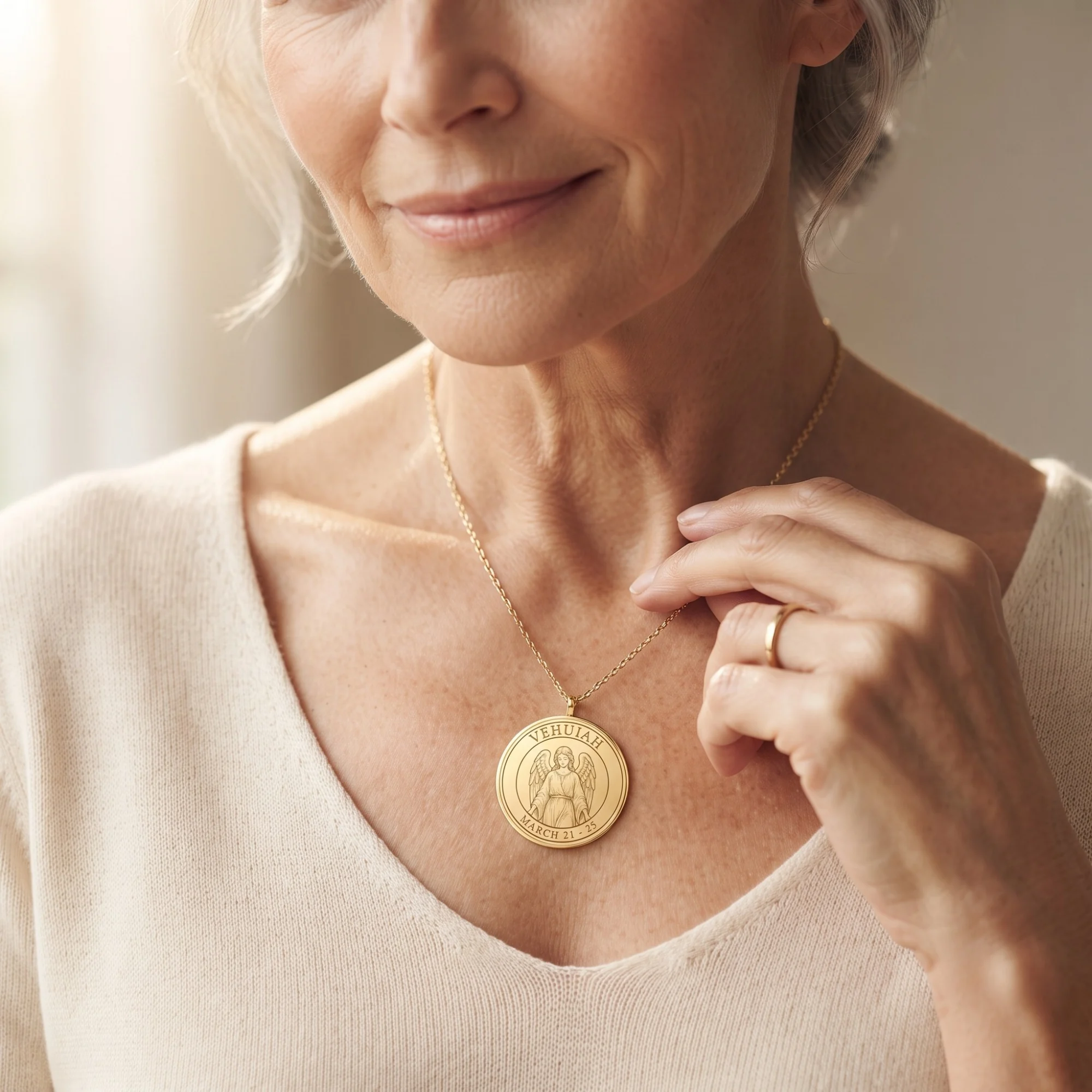 Woman wearing the gold Birth Angel Pendant necklace