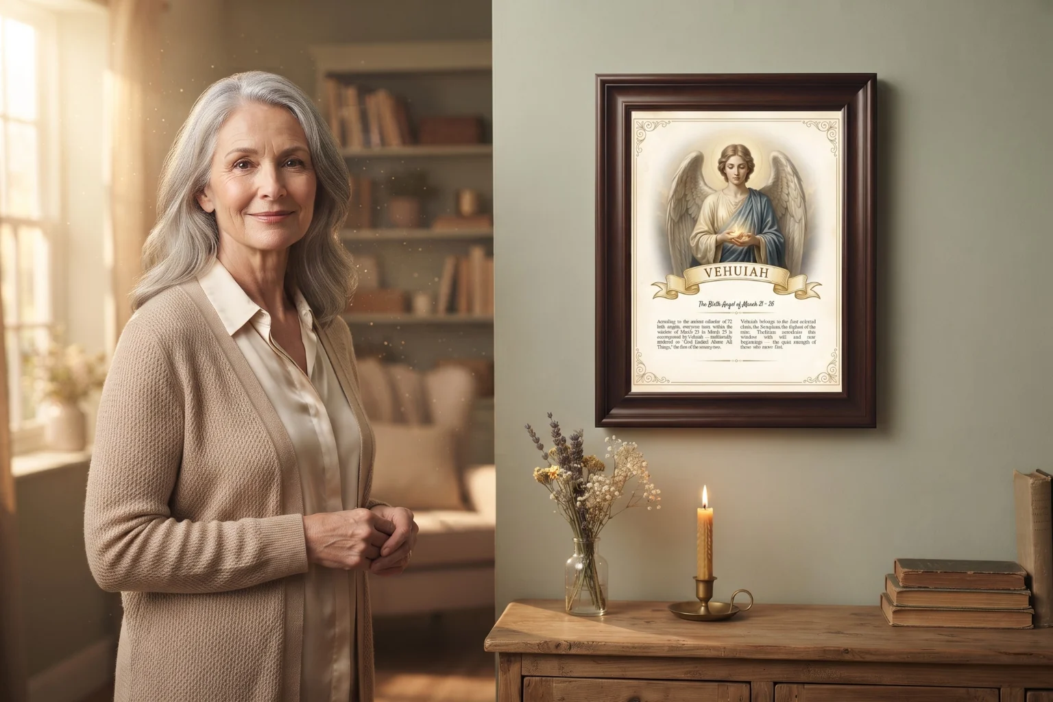 Woman at home beside her framed Birth Angel Portrait print