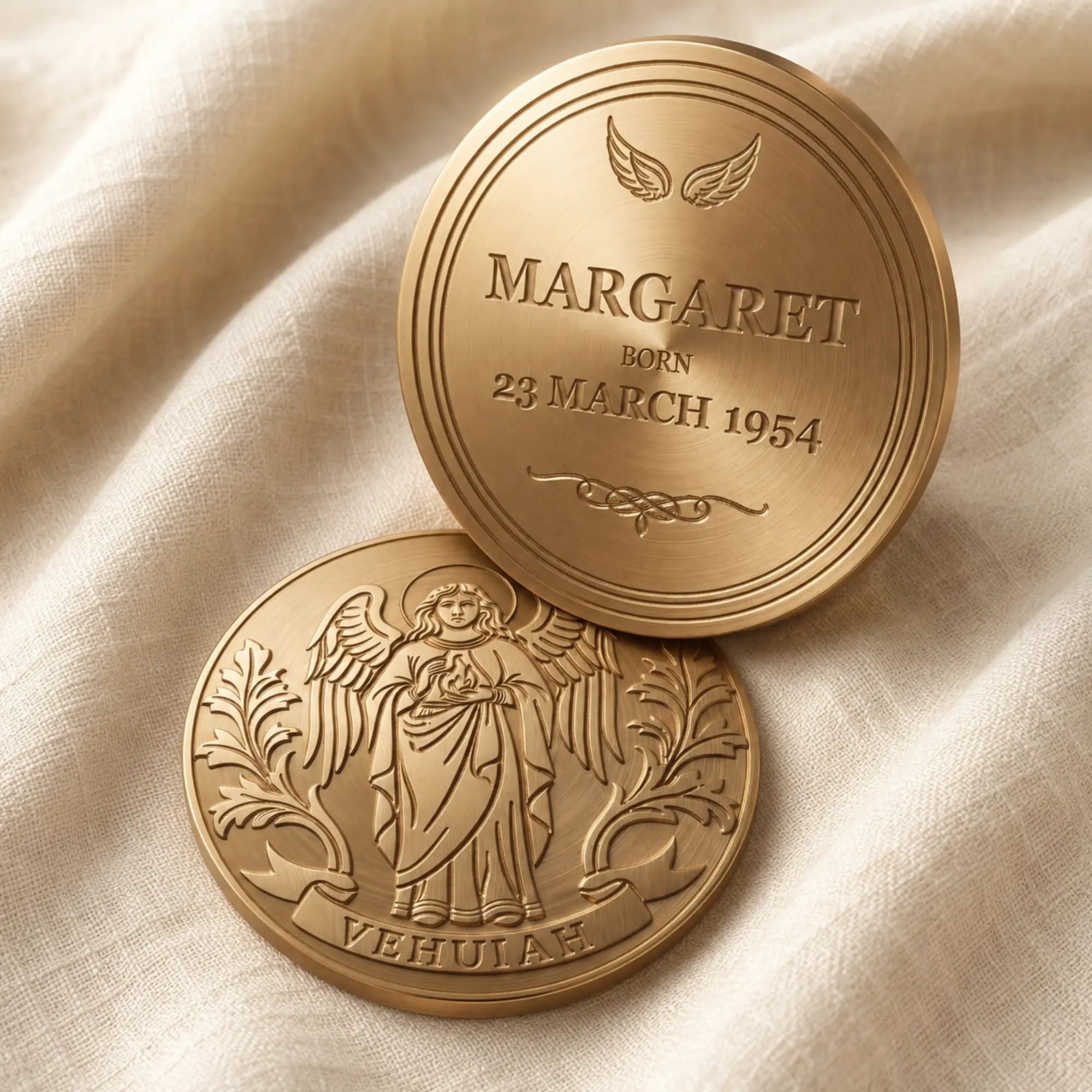 Front and reverse of the engraved Birth Angel Medallion