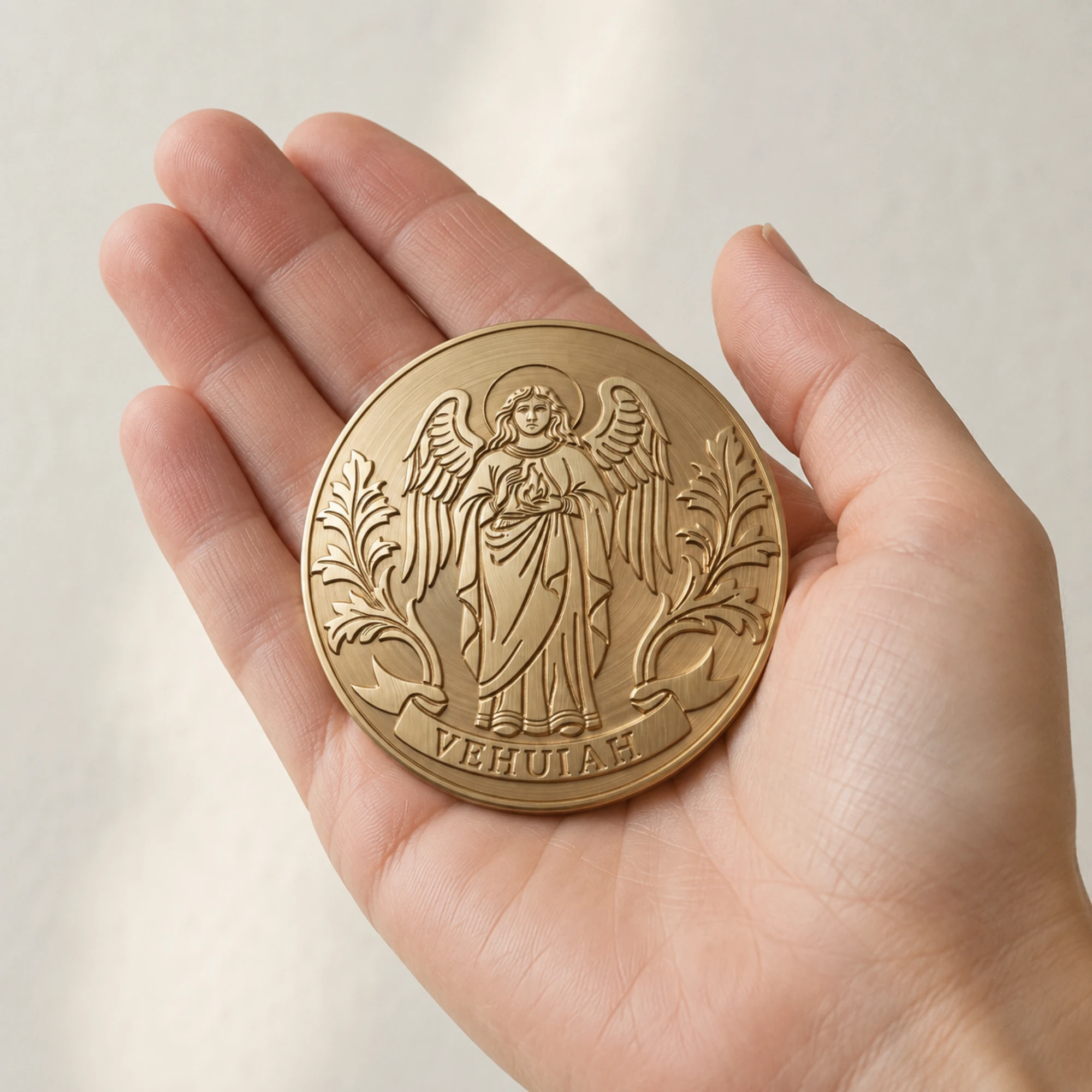 The Birth Angel Medallion held in an open hand