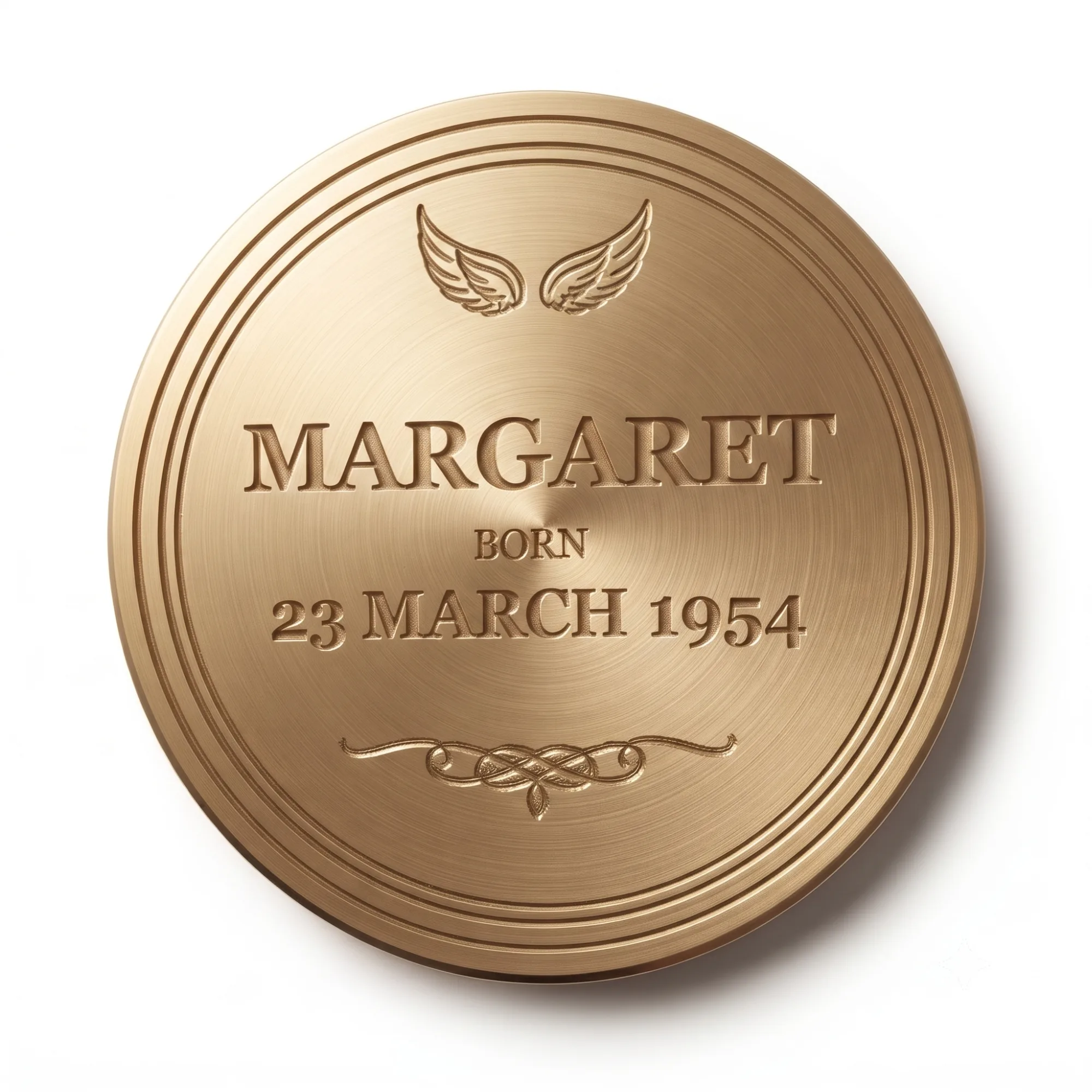 Reverse of the Birth Angel Medallion engraved with a name and date of birth